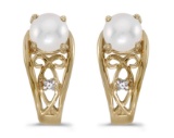 14k Yellow Gold Pearl And Diamond Earrings 0.01 CTW