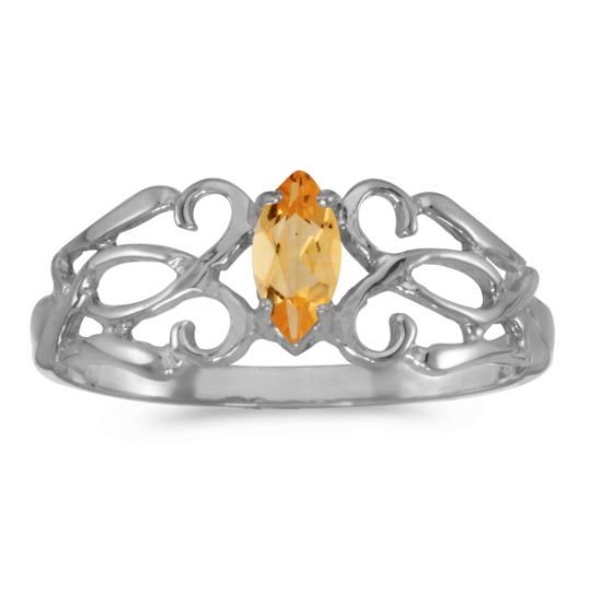 14k White Gold Marquise Citrine Filagree Ring 0.18 CTW