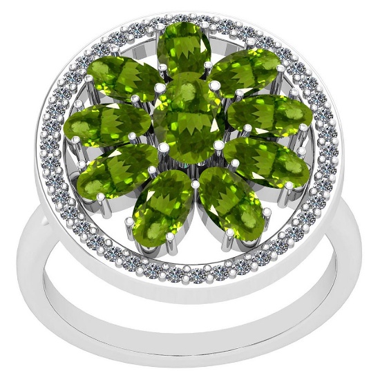 3.00 Ctw Peridot And Diamond I2/I3 14K White Gold Ring