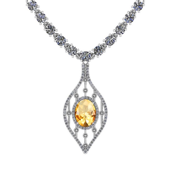 7.20 Ctw Citrine And Diamond I2/I3 14K White Gold Pendant Necklace
