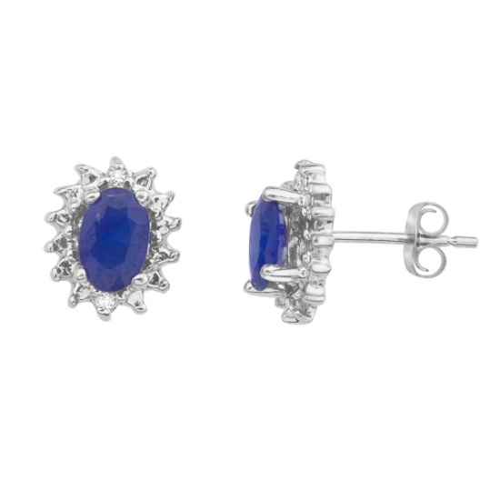 10k White Gold 6x4 mm Sapphire and Diamond Earrings