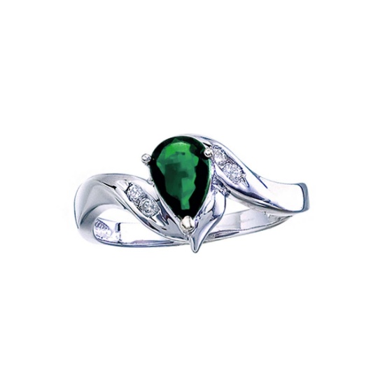 14k White Gold Pear Emerald And Diamond Swirl Ring 0.7 CTW