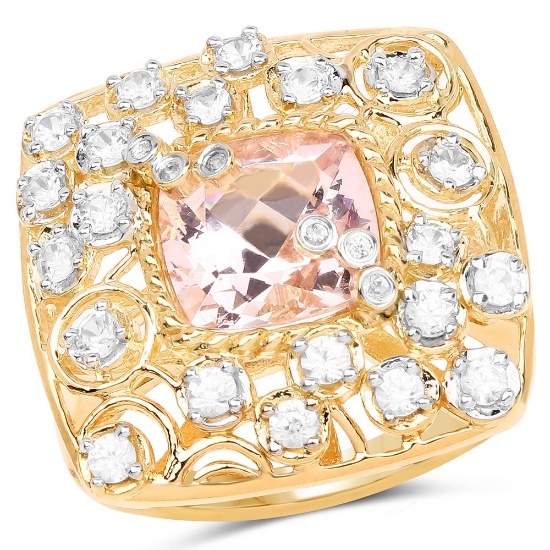 14K Yellow Gold Plated 3.33 CTW Synthartic Morganite and White Topaz .925 Sterling Silver Ring