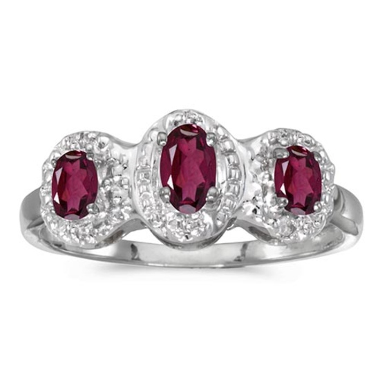 14k White Gold Oval Rhodolite Garnet And Diamond Three Stone Ring