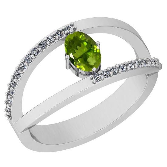 0.64 Ctw Peridot And Diamond I2/I3 10K White Gold Vintage Style Ring