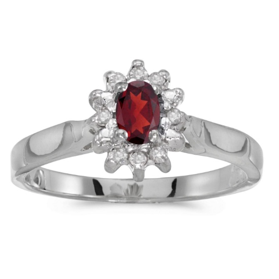 14k White Gold Oval Garnet And Diamond Ring 0.31 CTW