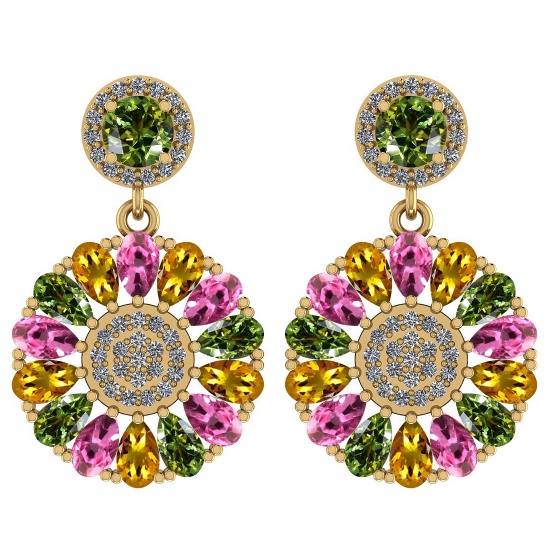 6.04 Ctw I2/I3 Multi Sapphire And Diamond 14K Yellow Gold Earrings