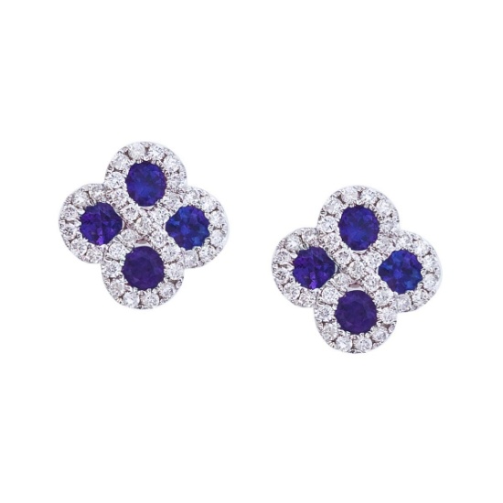 Certified 14k White Gold Sapphire and .26 ct Diamond Clover Earrings