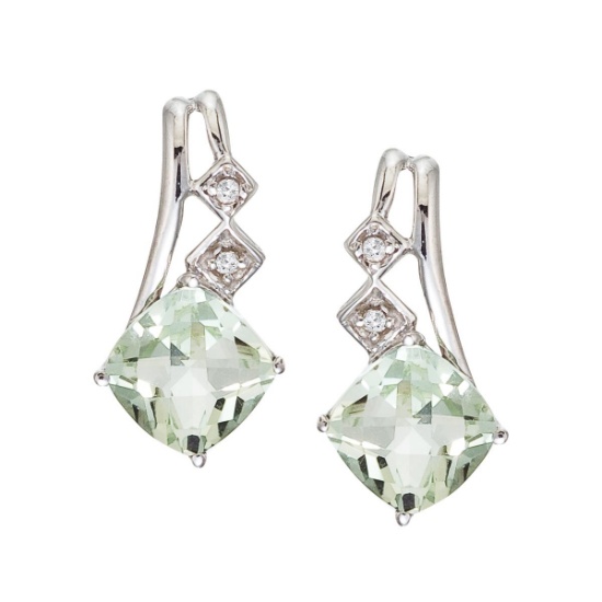 Certified 14K White Gold Green Amethyst and Diamond Earrings