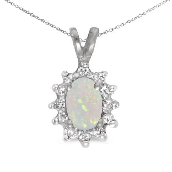 Certified 10k White Gold Oval Opal And Diamond Pendant