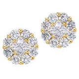 Certified 14K Yellow Gold 1 ct Diamond Clustaire Stud Earrings
