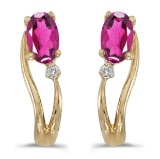 Certified 14k Yellow Gold Oval Pink Topaz And Diamond Wave Earrings
