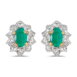 Certified 14k Yellow Gold Oval Emerald And Diamond Earrings 0.33 CTW
