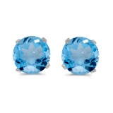 Certified 5 mm Natural Round Blue Topaz Stud Earrings Set in 14k White Gold