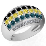 2.10 Ctw Treated Black ,Yellow,Blue Diamond And White Diamond I2/I3 14K White Gold Ring