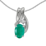 Certified 14k White Gold Oval Emerald And Diamond Pendant 0.32 CTW