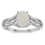 Certified 10k White Gold Oval Opal And Diamond Ring