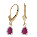 Certified 14k Yellow Gold Pear Ruby And Diamond Leverback Earrings