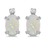 Certified 14k White Gold Oval Opal And Diamond Earrings