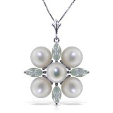 6.3 Carat 14K Solid White Gold Kissing Spree Aquamarine pearl Necklace