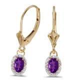 Certified 14k Yellow Gold Oval Amethyst And Diamond Leverback Earrings