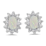 Certified 14k White Gold Oval Opal And Diamond Earrings