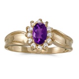 Certified 14k Yellow Gold Oval Amethyst And Diamond Ring