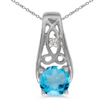 Certified 14k White Gold Round Blue Topaz And Diamond Pendant