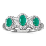 Certified 10k White Gold Oval Emerald And Diamond Three Stone Ring