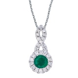 Certified 14k White Gold 4 mm Emerald and .14 ct Diamond Swirl Pendant