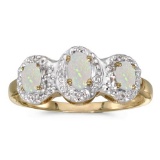 Certified 10k Yellow Gold Oval Opal And Diamond Three Stone Ring