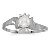 Certified 10k White Gold Pearl And Diamond Satin Finish Ring