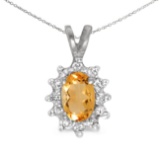 Certified 10k White Gold Oval Citrine And Diamond Pendant