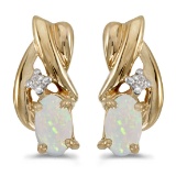Certified 10k Yellow Gold Oval Opal And Diamond Earrings 0.18 CTW