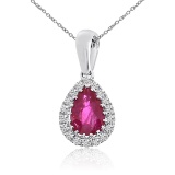 Certified 14k White Gold Ruby and Diamond Drop Pendant