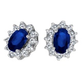 Certified 14k White Gold Oval Sapphire and .25 total ct Diamond Earrings