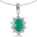 Certified 14k White Gold Oval Emerald And Diamond Pendant