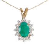 Certified 10k Yellow Gold Oval Emerald And Diamond Pendant