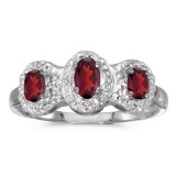 Certified 14k White Gold Oval Garnet And Diamond Three Stone Ring