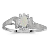 Certified 10k White Gold Oval Opal And Diamond Satin Finish Ring