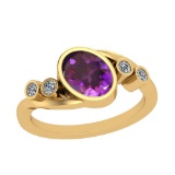Certified 1.37 Ctw I2/I3 Amethyst And Diamond 14K Yellow Gold Vintage Style Ring