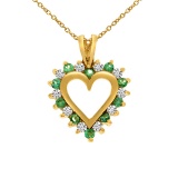 Certified 14k Yellow Gold Emerald and Diamond Heart Shaped Pendant