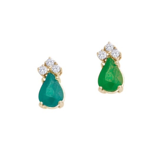 Certified 14k Yellow Gold Emerald And Diamond Pear Shaped Earrings