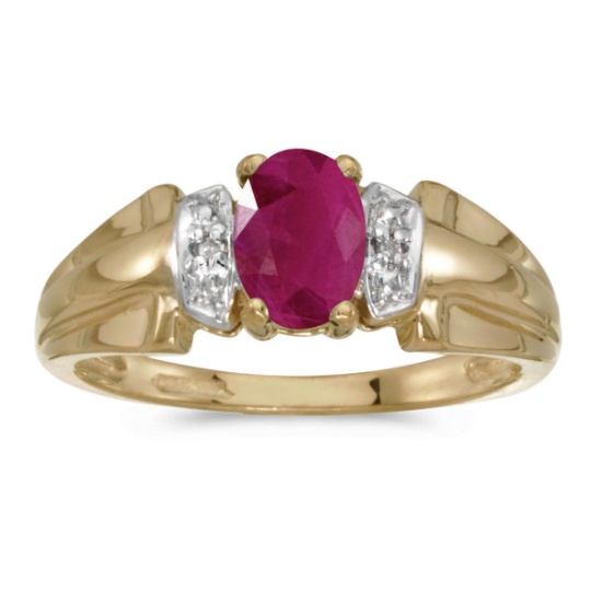 Certified 14k Yellow Gold Oval Ruby And Diamond Ring 0.74 CTW
