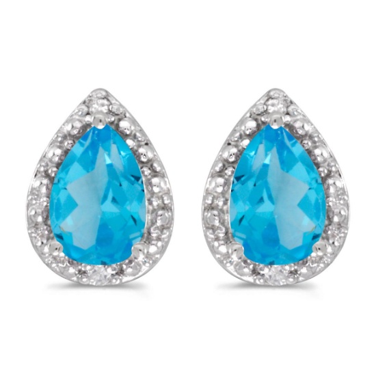Certified 14k White Gold Pear Blue Topaz And Diamond Earrings