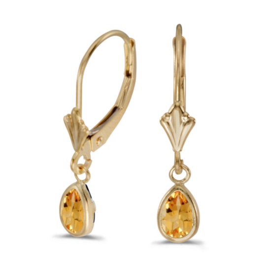 Certified 14k Yellow Gold Pear Citrine Bezel Lever-back Earrings