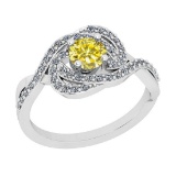 0.86 Ctw I2/I3 Treated Fancy Yellow And White Diamond 14K White Gold Cluster Bridal Wedding Ring