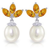 9.5 CTW 14K Solid White Gold Dangling Earrings pearl Citrine