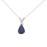 Certified 14k White Gold Pear Shaped Sapphire and Diamond Oval Pendant