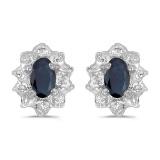 Certified 14k White Gold Oval Sapphire And Diamond Earrings
